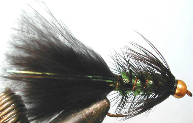 Flashabugger 1XL black&green Goldbead trout fly